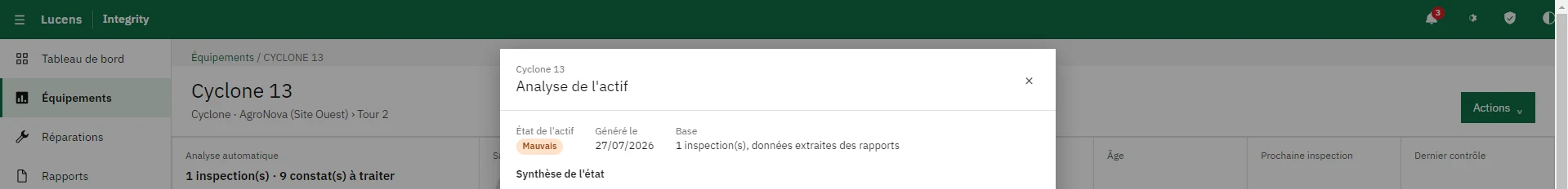 Analyse de l'actif générée par Lucens Integrity: synthèse de l'état et base de données extraites des rapports