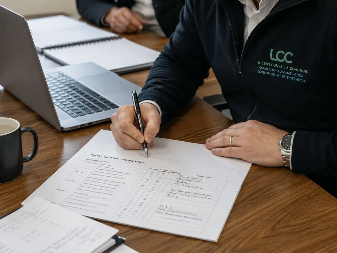 Checklist d'audit remplie à la main à côté d'un ordinateur portable